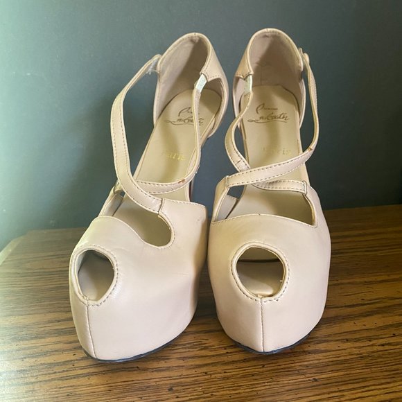 Nude crisscross strap platform peeptoe heels with velcro closure sz 9 - Picture 3 of 10